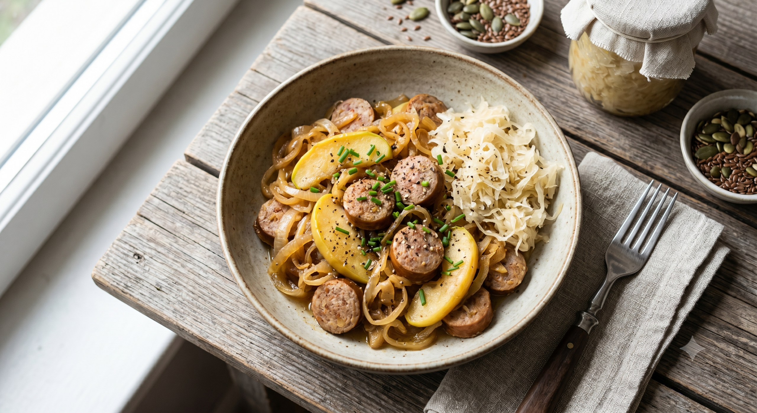 Kolbász párolt almával és káposztával recept